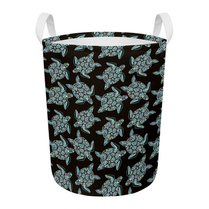 Blue And Black Sea Turtle Pattern Print Round Laundry Basket