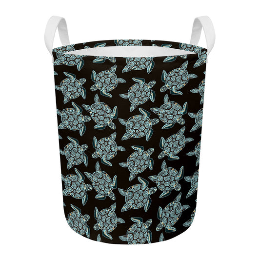 Blue And Black Sea Turtle Pattern Print Round Laundry Basket