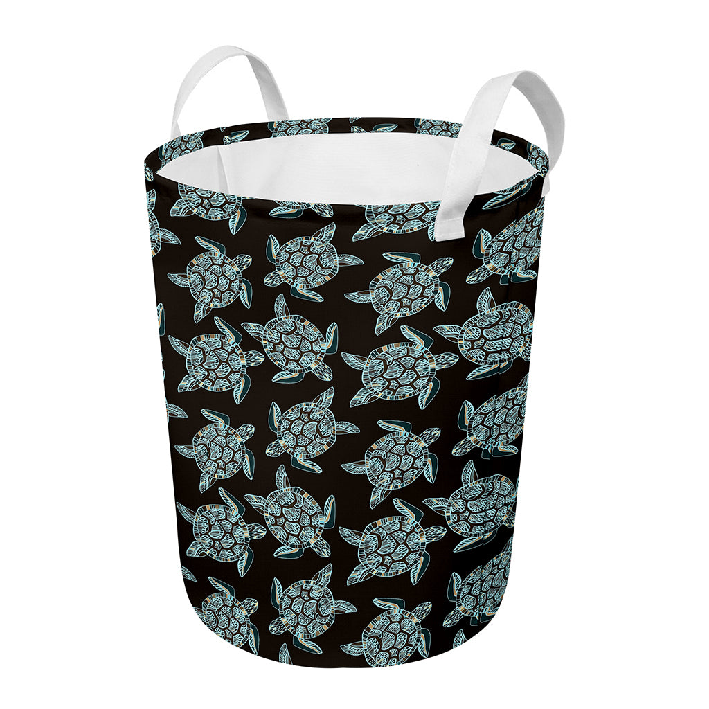Blue And Black Sea Turtle Pattern Print Round Laundry Basket