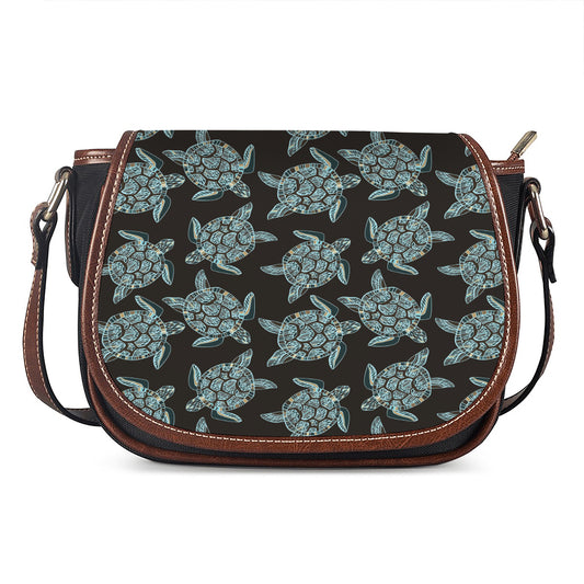 Blue And Black Sea Turtle Pattern Print Saddle Bag