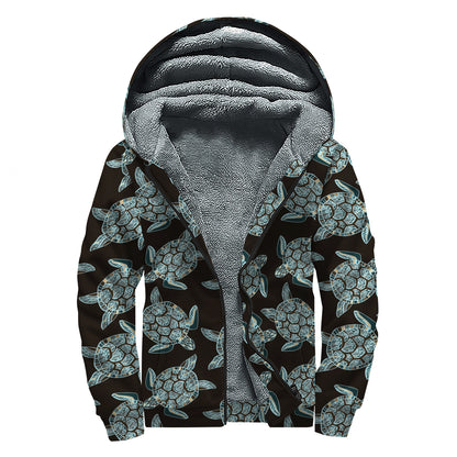 Blue And Black Sea Turtle Pattern Print Sherpa Lined Zip Up Hoodie