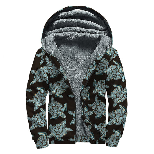 Blue And Black Sea Turtle Pattern Print Sherpa Lined Zip Up Hoodie