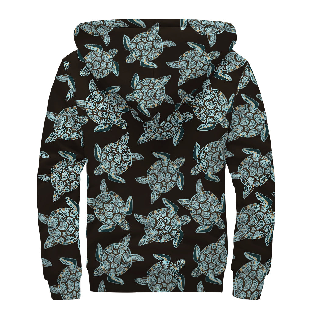 Blue And Black Sea Turtle Pattern Print Sherpa Lined Zip Up Hoodie