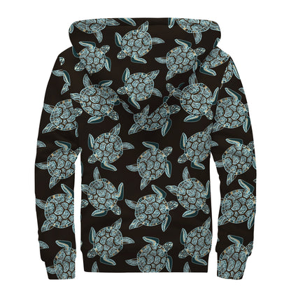 Blue And Black Sea Turtle Pattern Print Sherpa Lined Zip Up Hoodie