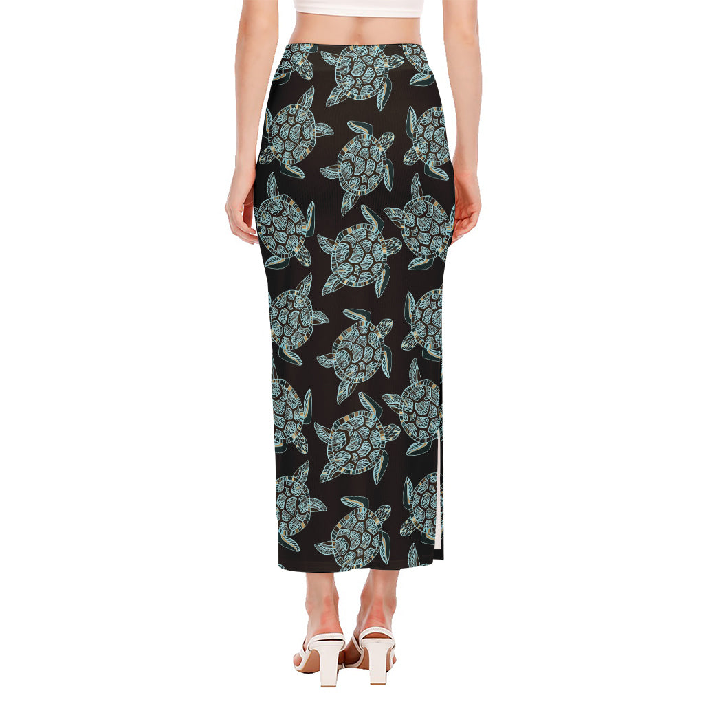 Blue And Black Sea Turtle Pattern Print Side Slit Maxi Skirt