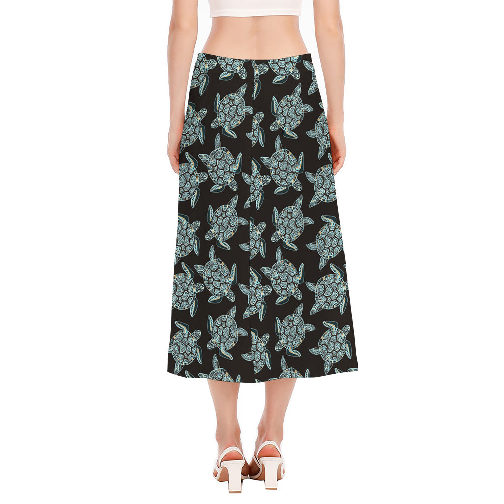 Blue And Black Sea Turtle Pattern Print Side Slit Midi Skirt