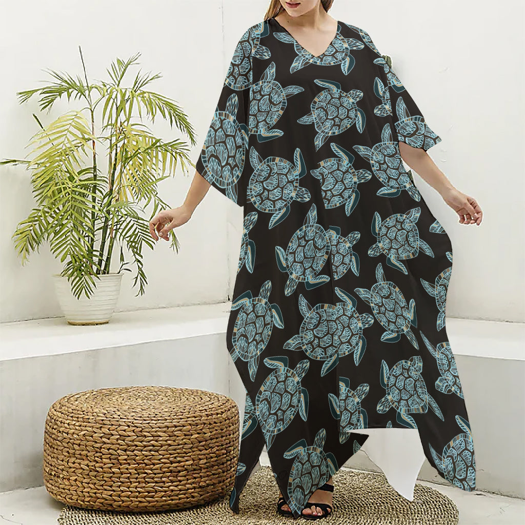 Blue And Black Sea Turtle Pattern Print Silk V-Neck Kaftan Dress