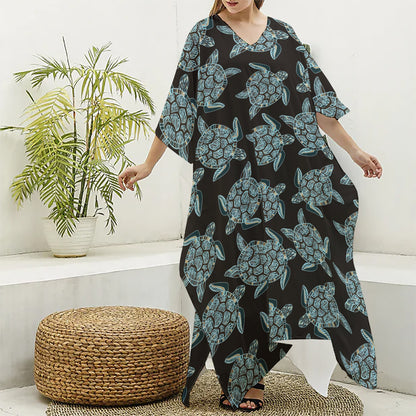 Blue And Black Sea Turtle Pattern Print Silk V-Neck Kaftan Dress