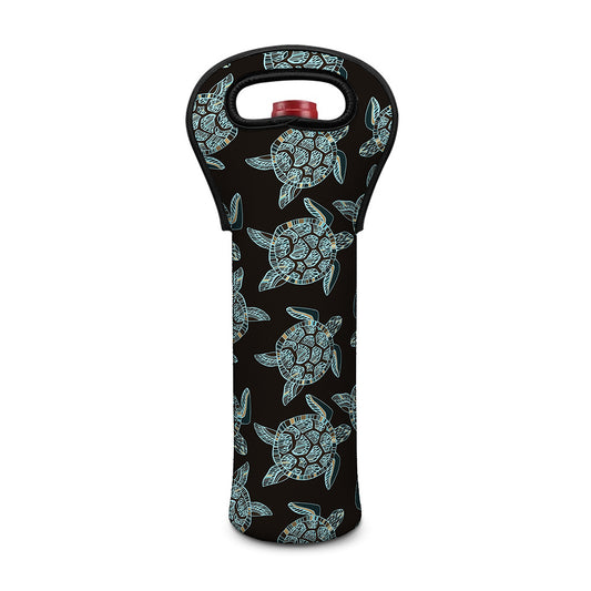 Blue And Black Sea Turtle Pattern Print Single Neoprene Wine Tote