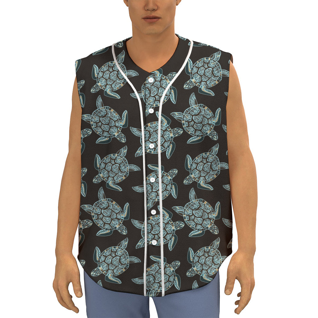 Blue And Black Sea Turtle Pattern Print Sleeveless Baseball Jersey