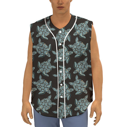 Blue And Black Sea Turtle Pattern Print Sleeveless Baseball Jersey