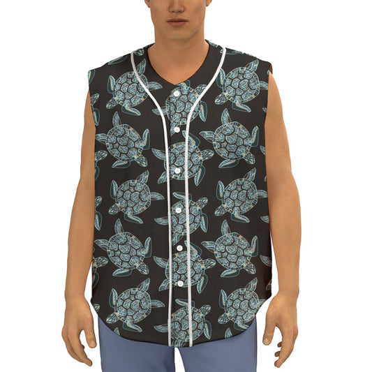 Blue And Black Sea Turtle Pattern Print Sleeveless Baseball Jersey