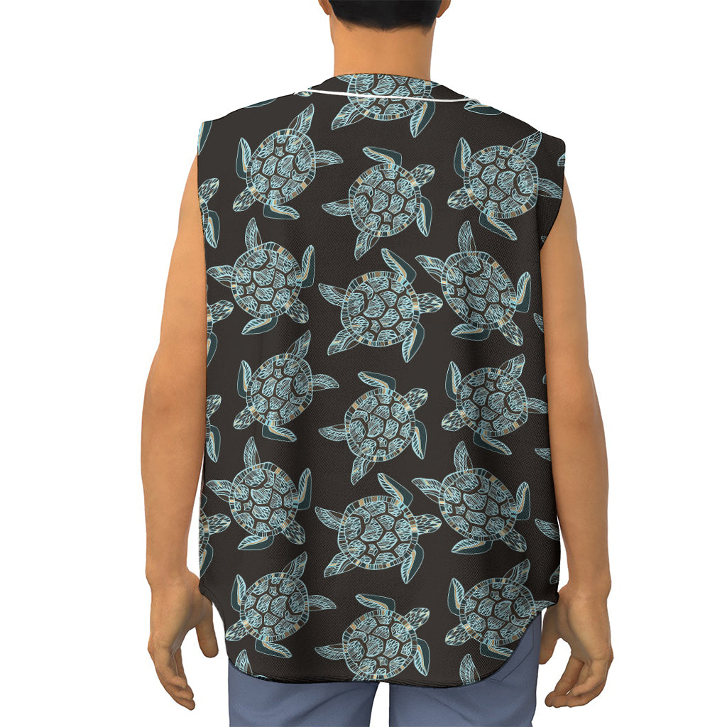 Blue And Black Sea Turtle Pattern Print Sleeveless Baseball Jersey