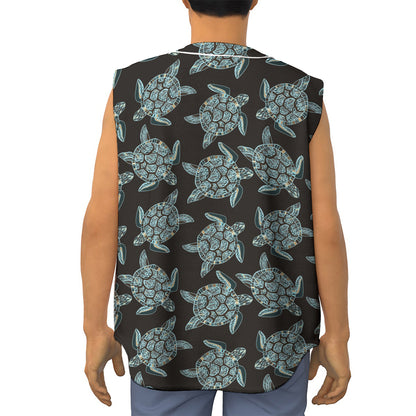 Blue And Black Sea Turtle Pattern Print Sleeveless Baseball Jersey