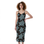 Blue And Black Sea Turtle Pattern Print Slim Fit Midi Cami Dress