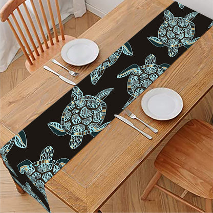 Blue And Black Sea Turtle Pattern Print Table Runner