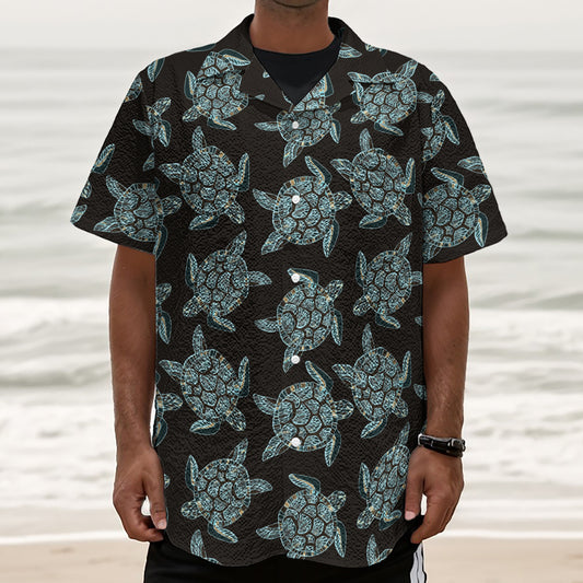 Blue And Black Sea Turtle Pattern Print Textured Short Sleeve Shirt