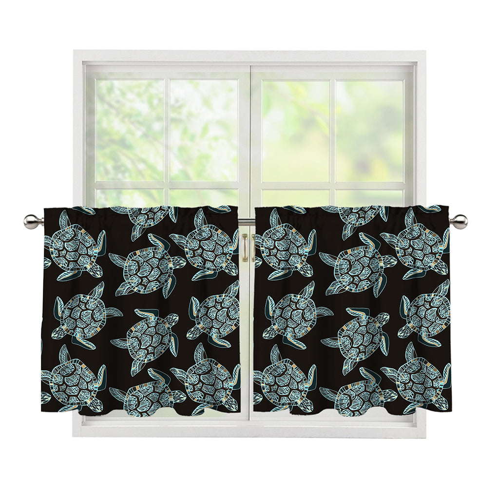 Blue And Black Sea Turtle Pattern Print Tier Curtains