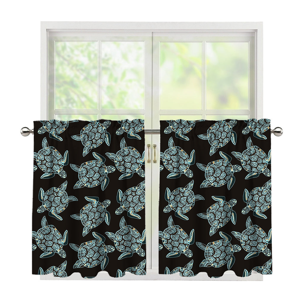 Blue And Black Sea Turtle Pattern Print Tier Curtains