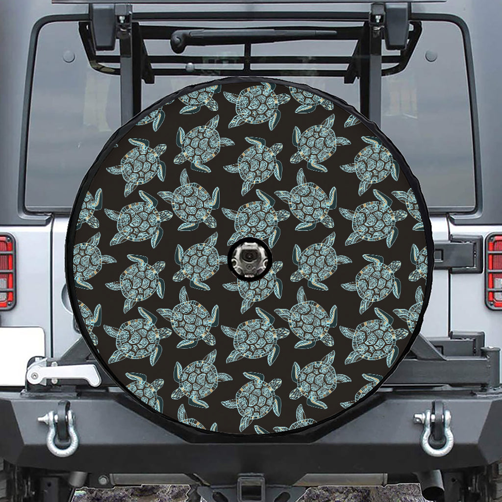 Blue And Black Sea Turtle Pattern Print Tire Cover With Camera Hole