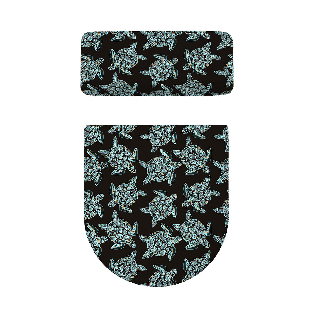 Blue And Black Sea Turtle Pattern Print Toilet Lid And Tank Cover Set