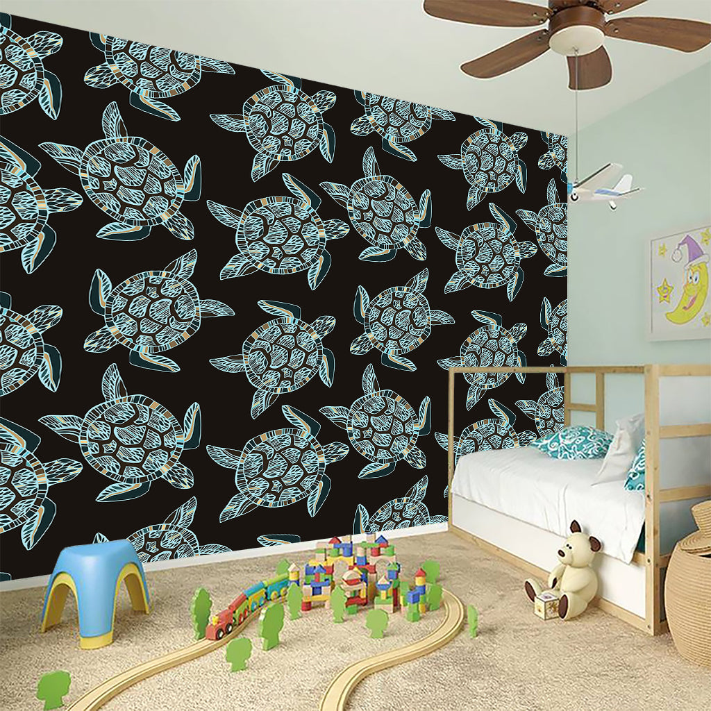 Blue And Black Sea Turtle Pattern Print Wall Sticker