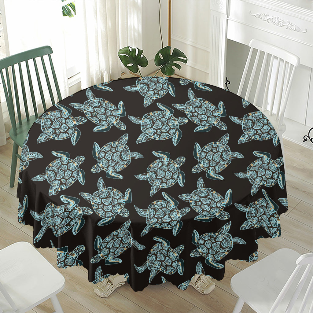 Blue And Black Sea Turtle Pattern Print Waterproof Round Tablecloth