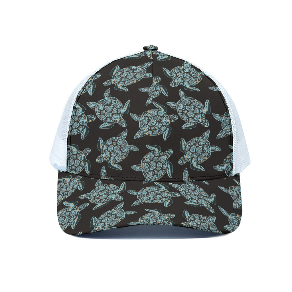 Blue And Black Sea Turtle Pattern Print White Mesh Trucker Cap