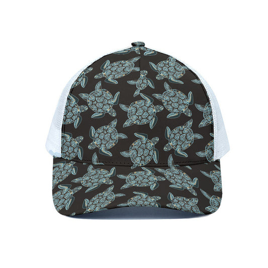Blue And Black Sea Turtle Pattern Print White Mesh Trucker Cap
