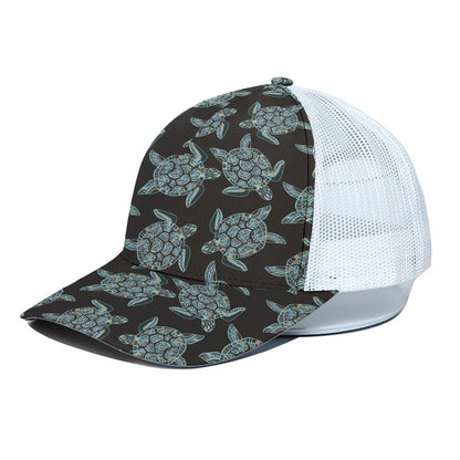 Blue And Black Sea Turtle Pattern Print White Mesh Trucker Cap