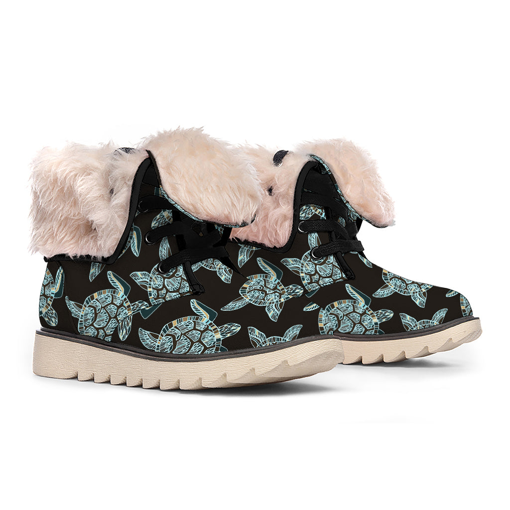 Blue And Black Sea Turtle Pattern Print Winter Boots