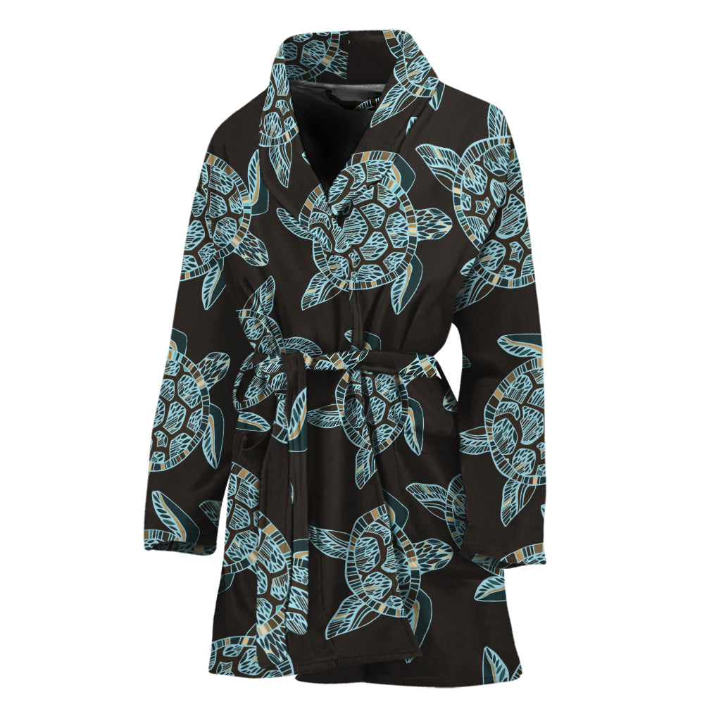 Blue And Black Sea Turtle Pattern Print Women's Bathrobe