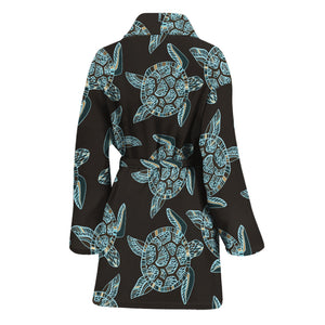 Blue And Black Sea Turtle Pattern Print Women's Bathrobe