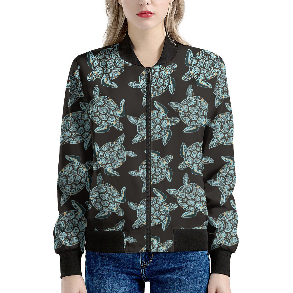 Blue And Black Sea Turtle Pattern Print Women's Bomber Jacket