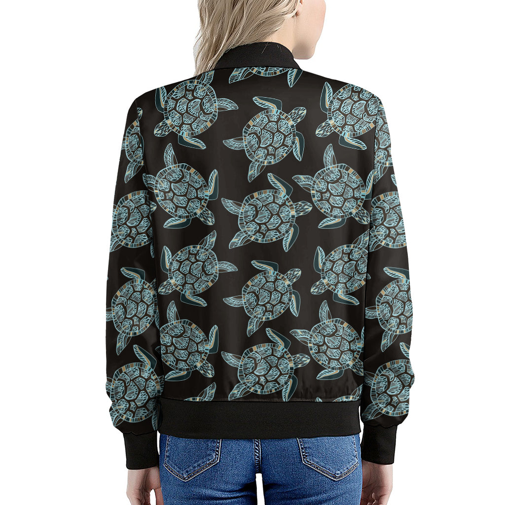 Blue And Black Sea Turtle Pattern Print Women's Bomber Jacket