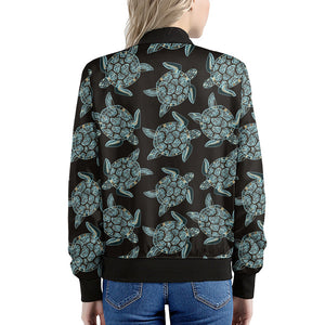 Blue And Black Sea Turtle Pattern Print Women's Bomber Jacket