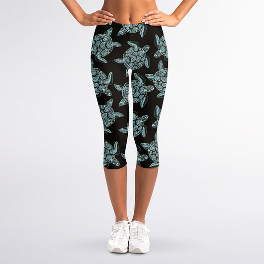 Blue And Black Sea Turtle Pattern Print Women's Capri Leggings