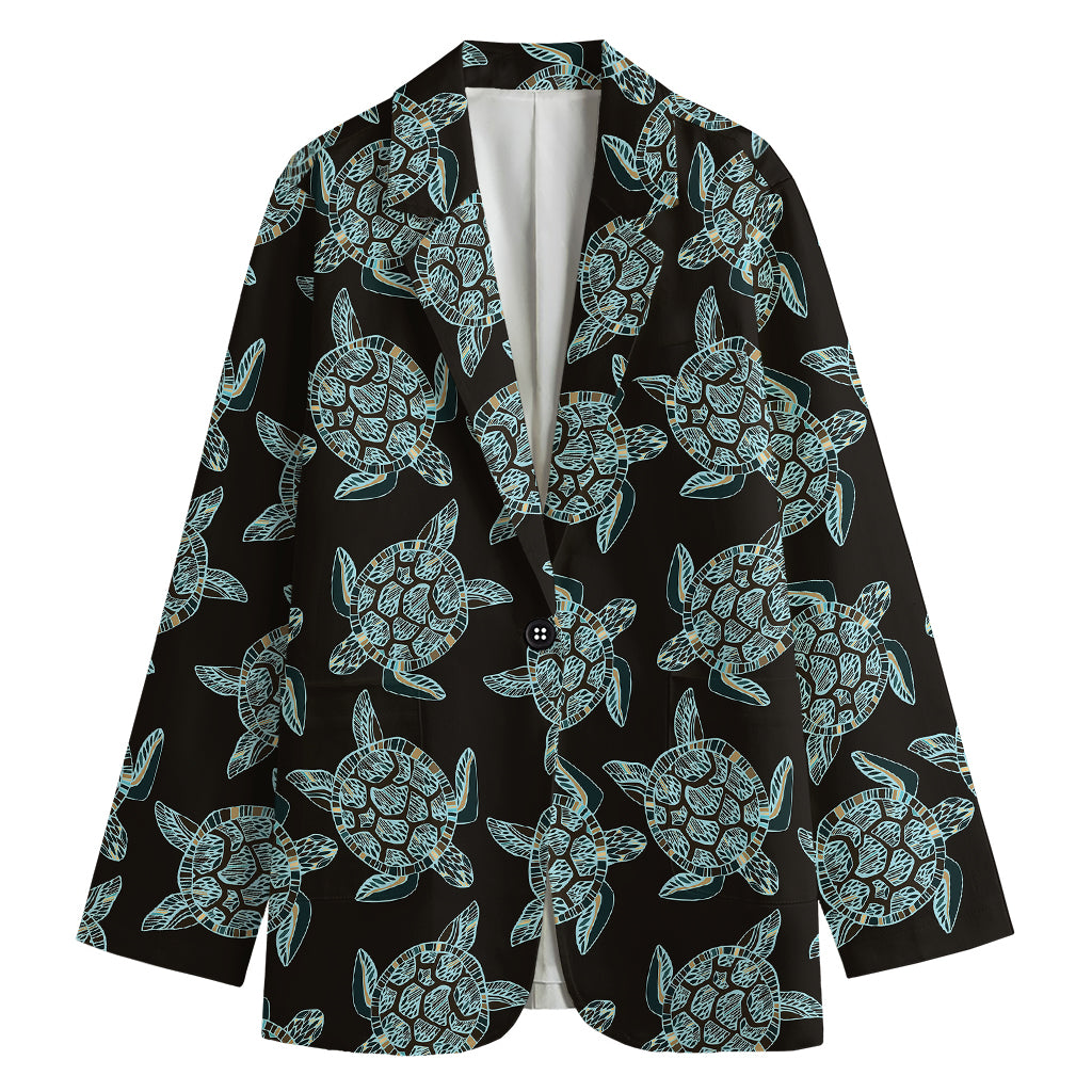Blue And Black Sea Turtle Pattern Print Women's Cotton Blazer