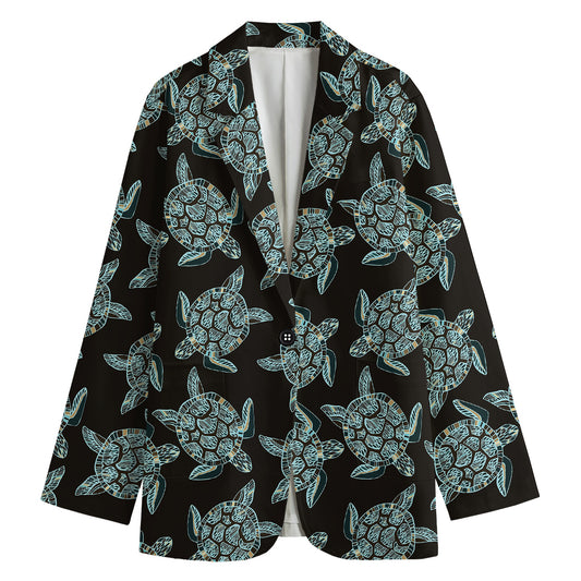 Blue And Black Sea Turtle Pattern Print Women's Cotton Blazer