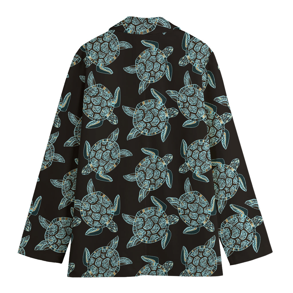 Blue And Black Sea Turtle Pattern Print Women's Cotton Blazer