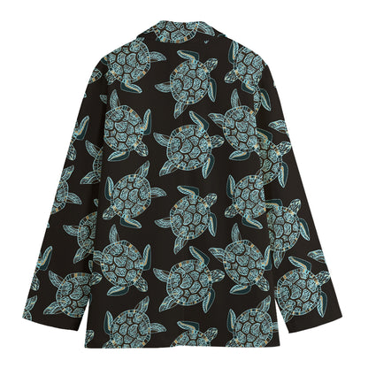 Blue And Black Sea Turtle Pattern Print Women's Cotton Blazer