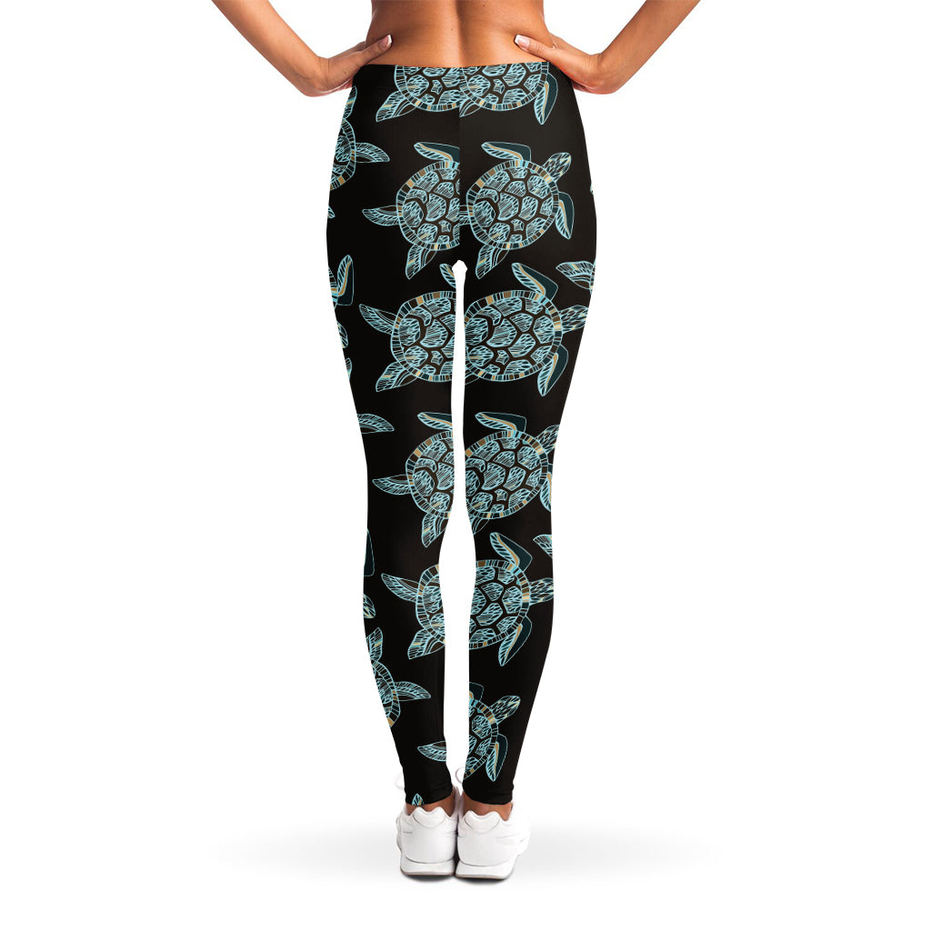 Blue And Black Sea Turtle Pattern Print Women's Leggings