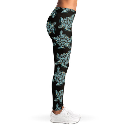 Blue And Black Sea Turtle Pattern Print Women's Leggings
