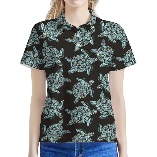 Blue And Black Sea Turtle Pattern Print Women's Polo Shirt