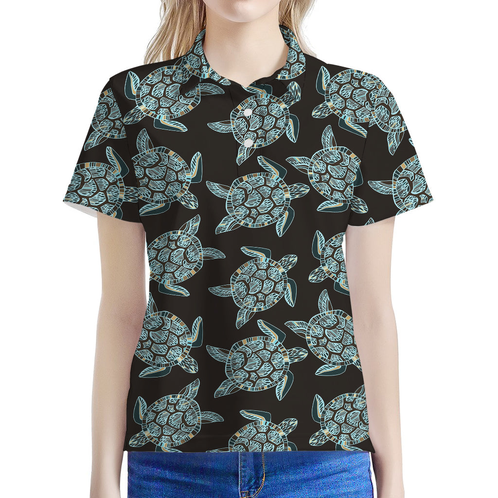 Blue And Black Sea Turtle Pattern Print Women's Polo Shirt