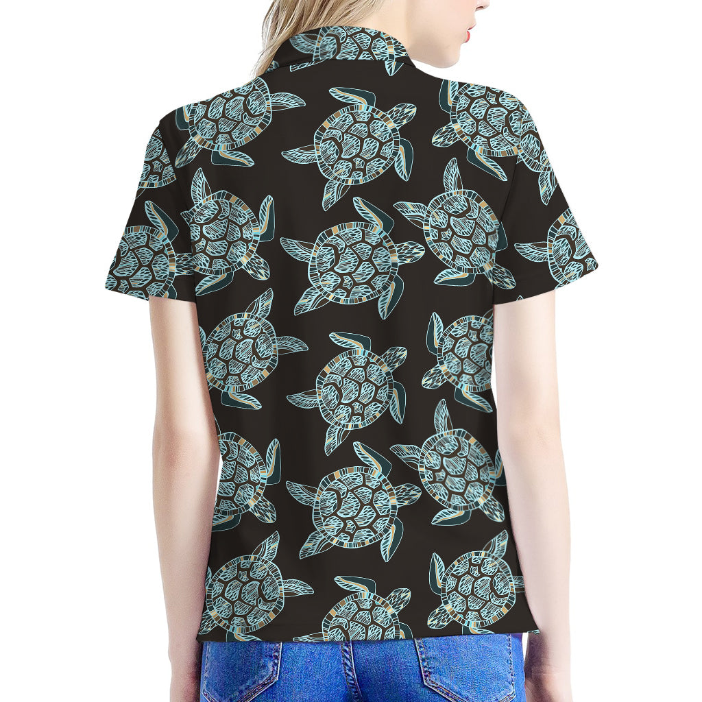 Blue And Black Sea Turtle Pattern Print Women's Polo Shirt