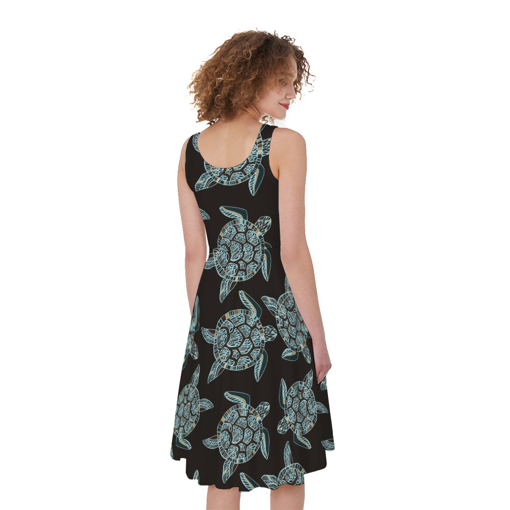Blue And Black Sea Turtle Pattern Print Women's Sleeveless Dress
