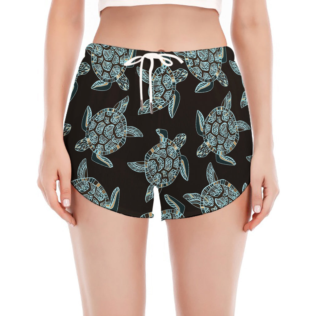 Blue And Black Sea Turtle Pattern Print Women's Split Running Shorts