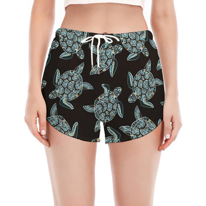 Blue And Black Sea Turtle Pattern Print Women's Split Running Shorts
