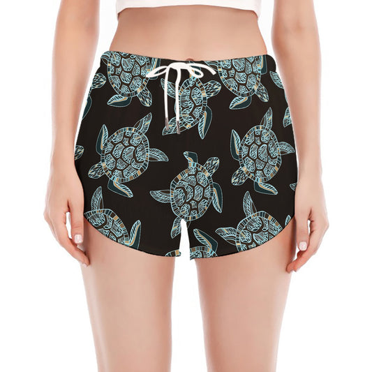 Blue And Black Sea Turtle Pattern Print Women's Split Running Shorts